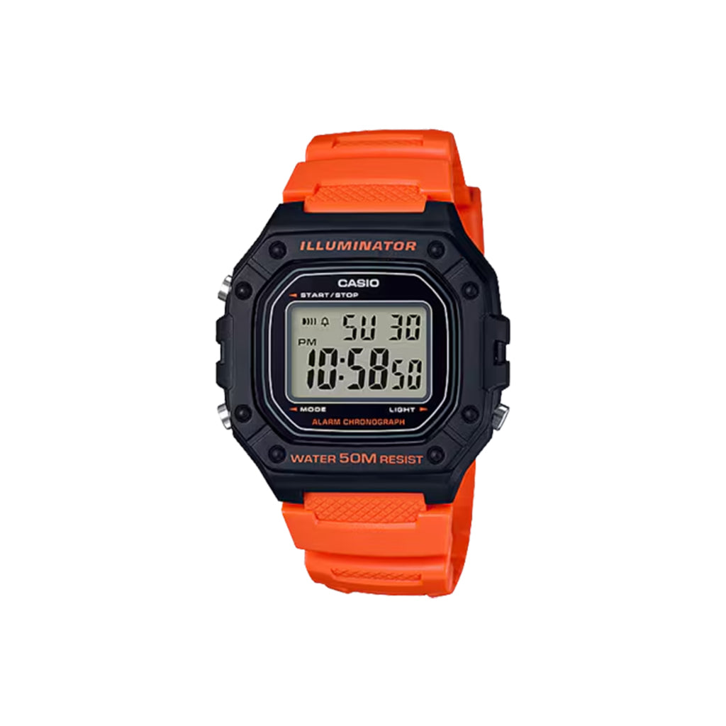 Digital watch with orange strap and black casing on a white background
