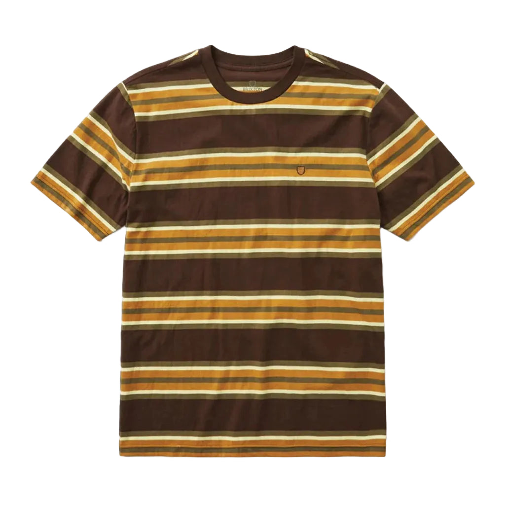 A short-sleeve crewneck t-shirt with horizontal stripes in dark brown, mustard yellow, and cream, featuring a small embroidered logo on the left chest, displayed flat against a white background.