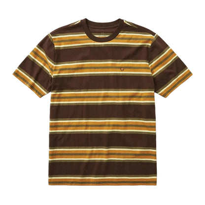 A short-sleeve crewneck t-shirt with horizontal stripes in dark brown, mustard yellow, and cream, featuring a small embroidered logo on the left chest, displayed flat against a white background.