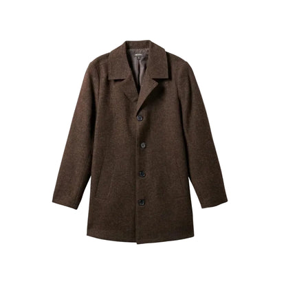 A dark brown wool-blend coat with a notch lapel and three front buttons, shown flat against a light gray background.