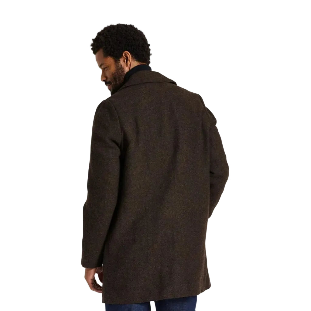 A man wearing a dark brown textured wool-blend coat, shown from a rear three-quarter view against a white background.