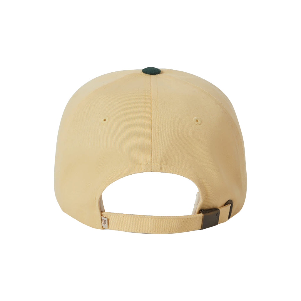 Beige baseball cap with a leather strap on a white background