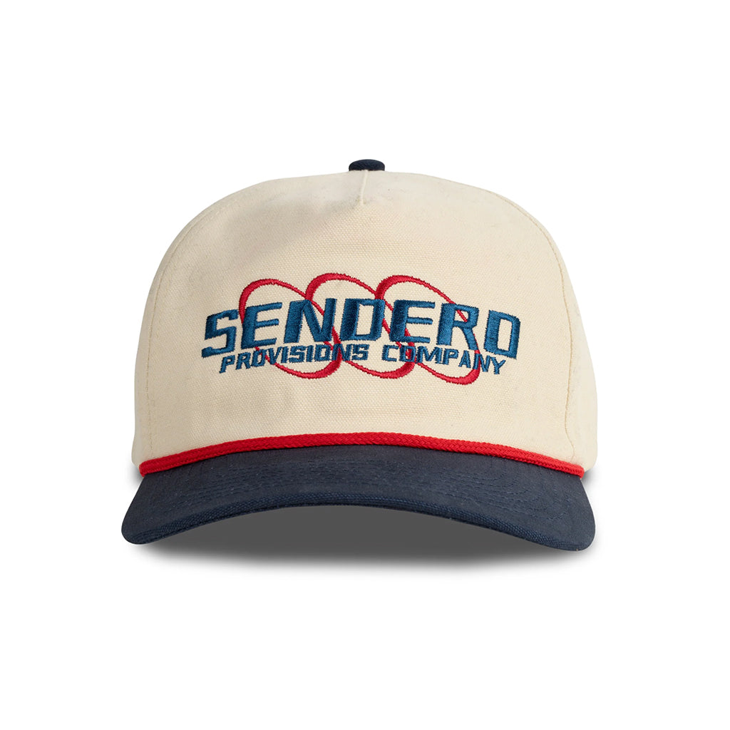 Beige and navy cap with 'Sendero Provisions Company' logo on a white background