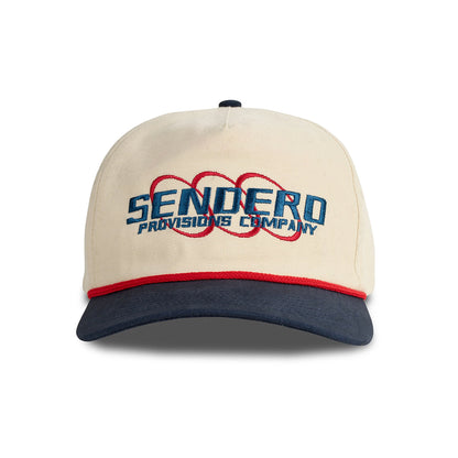 Beige and navy cap with 'Sendero Provisions Company' logo on a white background