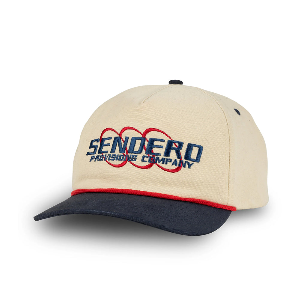 Beige and navy cap with 'Sendero Provisions Company' logo on a white background