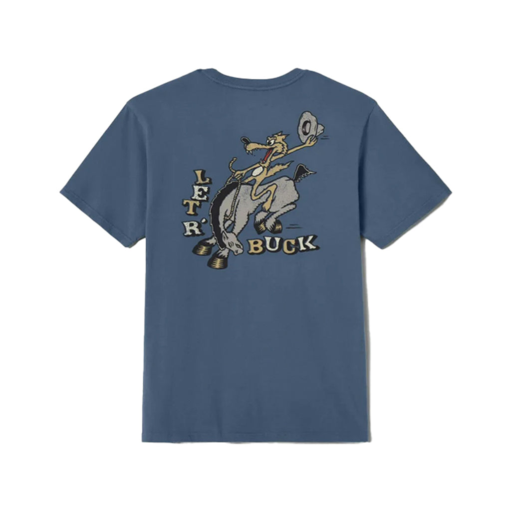 Blue t-shirt with graphic design and text on a white background