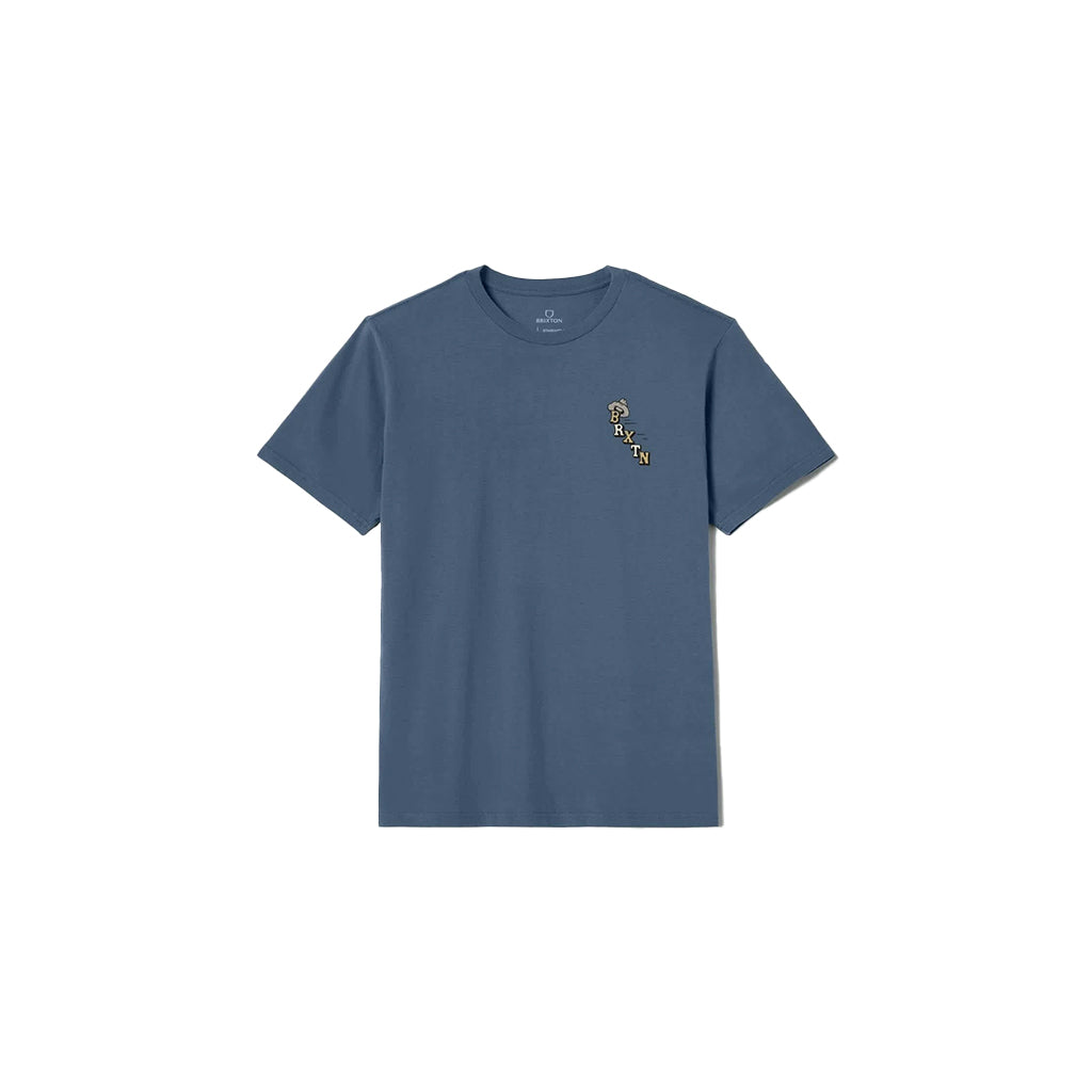 Blue t-shirt with a small embroidered design on a white background