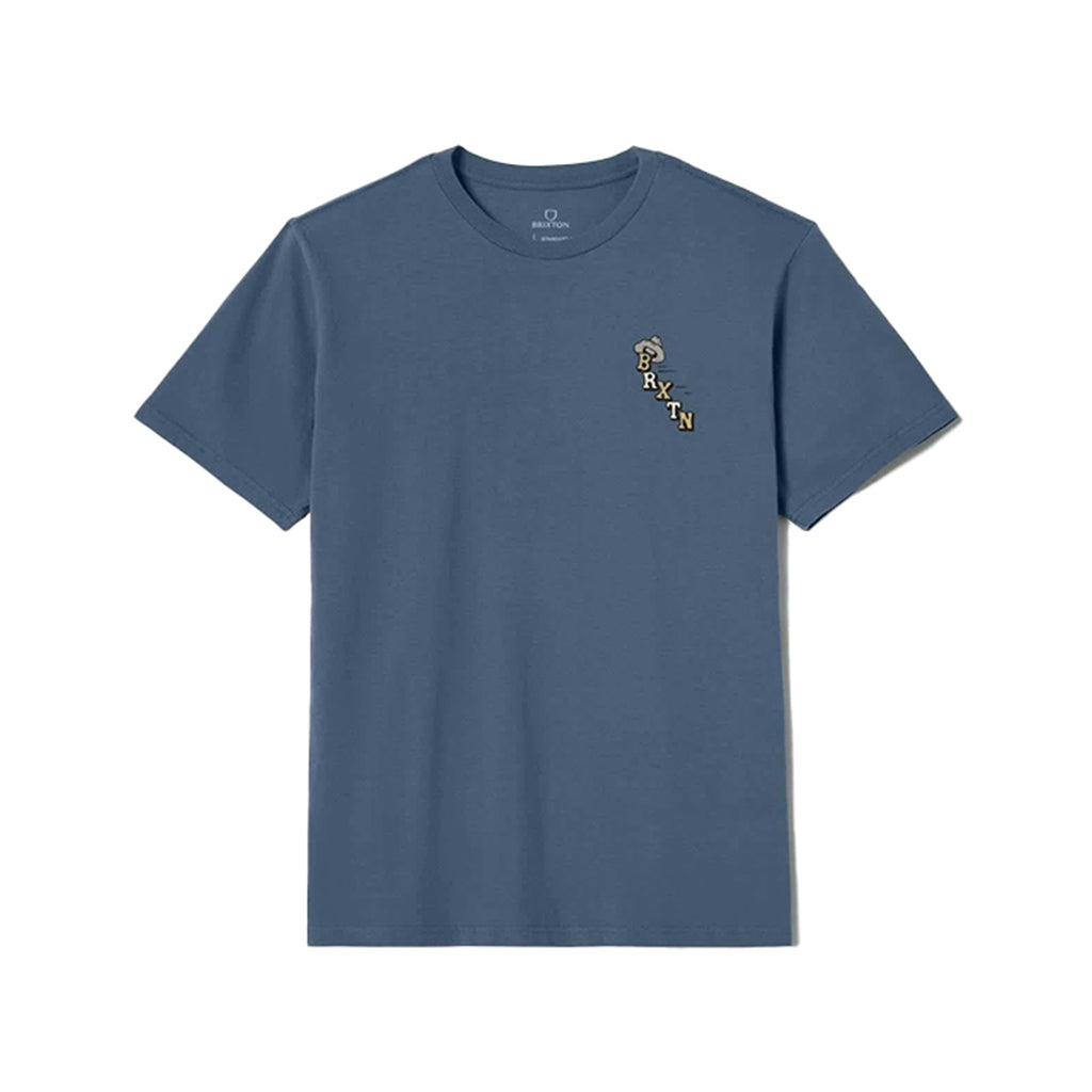 Blue t-shirt with a logo on the chest against a white background