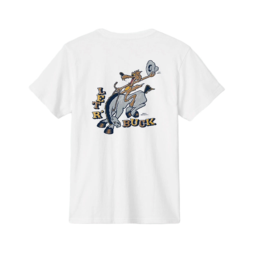 White t-shirt with cartoon character and text on a white background