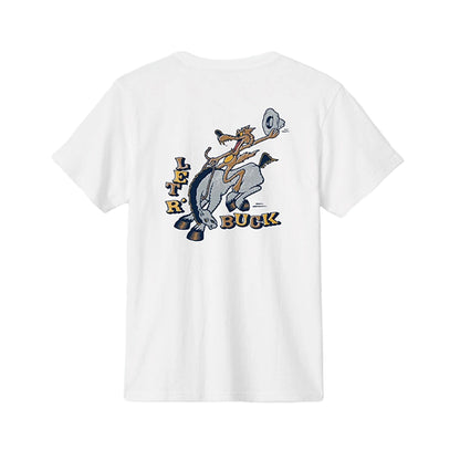 White t-shirt with cartoon character and text on a white background