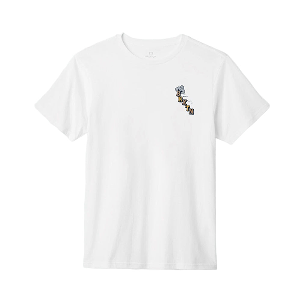 White t-shirt with a small graphic on the chest against a white background