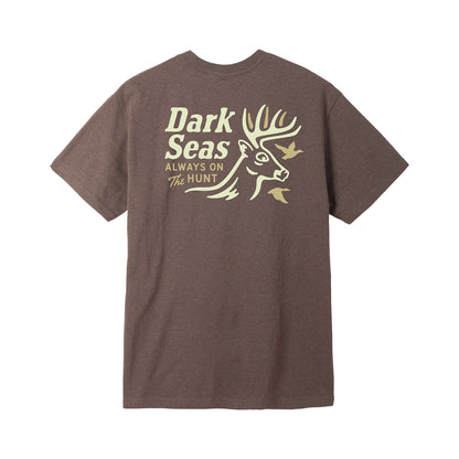 Brown t-shirt with 'Dark Seas Always on the Hunt' graphic on a white background
