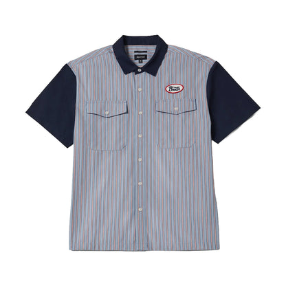 Striped shirt with navy sleeves and collar on a white background