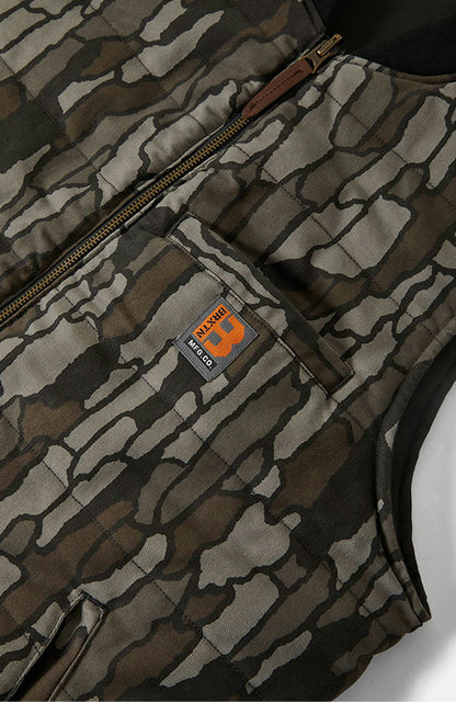 Camouflage-patterned vest with a brand logo on a white background