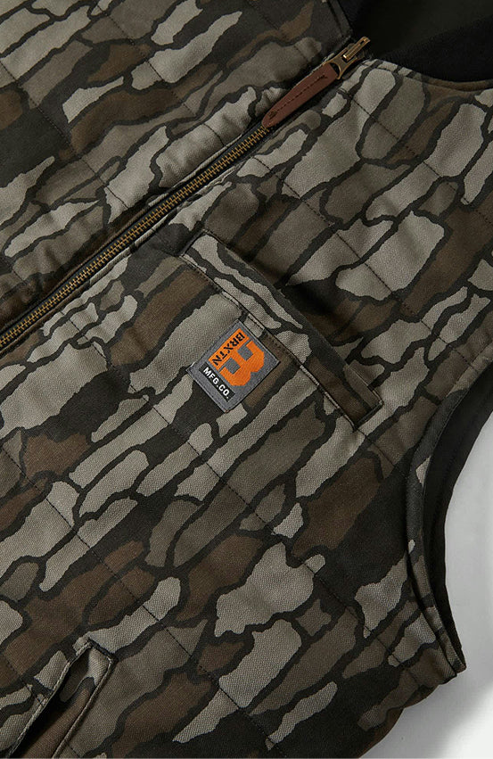 Camouflage-patterned vest with a brand logo on a white background