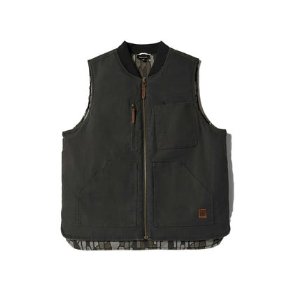 Black vest with zippers and buttons on a white background