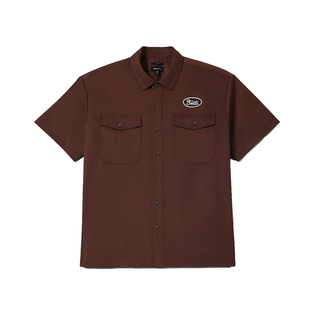 Brown short-sleeve shirt with two front pockets on a white background