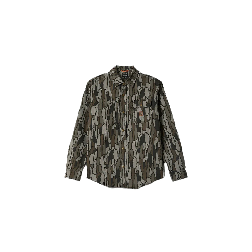 Camouflage-patterned long sleeve shirt on a white background