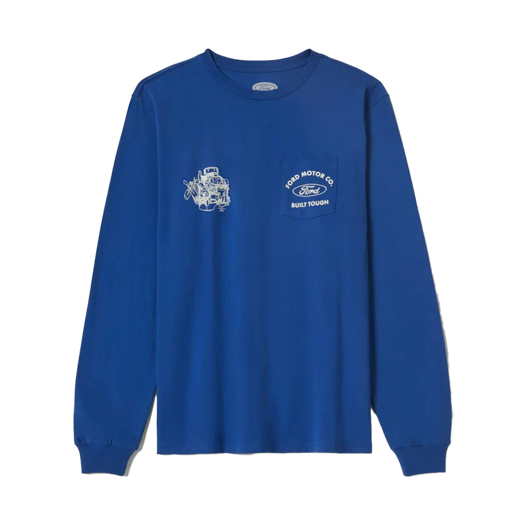 Blue long-sleeve shirt with white Ford graphics on a white background