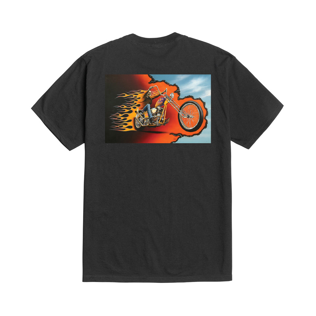 Black shirt with a motorcycle with flame graphics against a white background