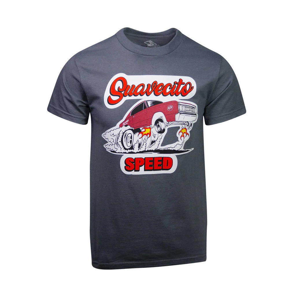 Gray t-shirt with a red car graphic and 'Suavecito Speed' text on a white background