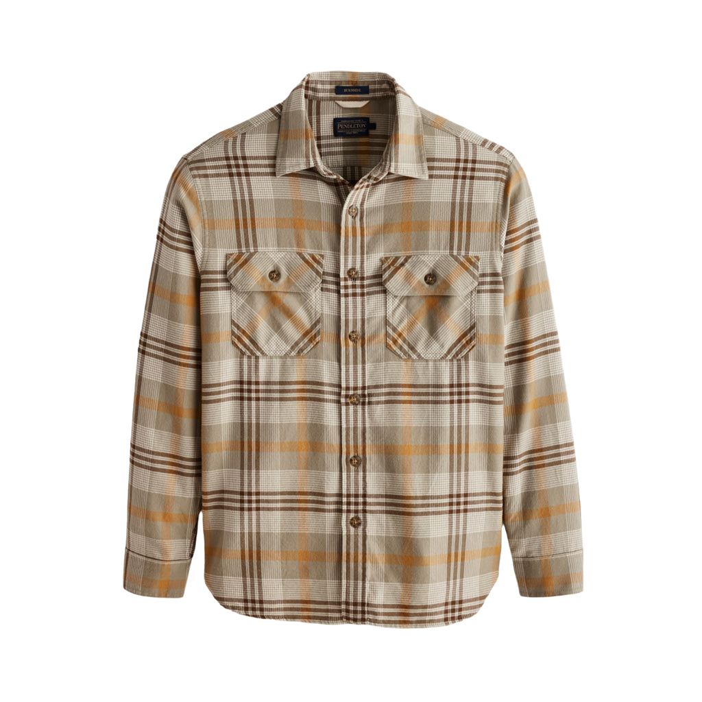 Plaid shirt with brown and beige pattern on a white background