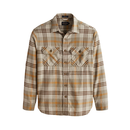 Plaid shirt with brown and beige pattern on a white background