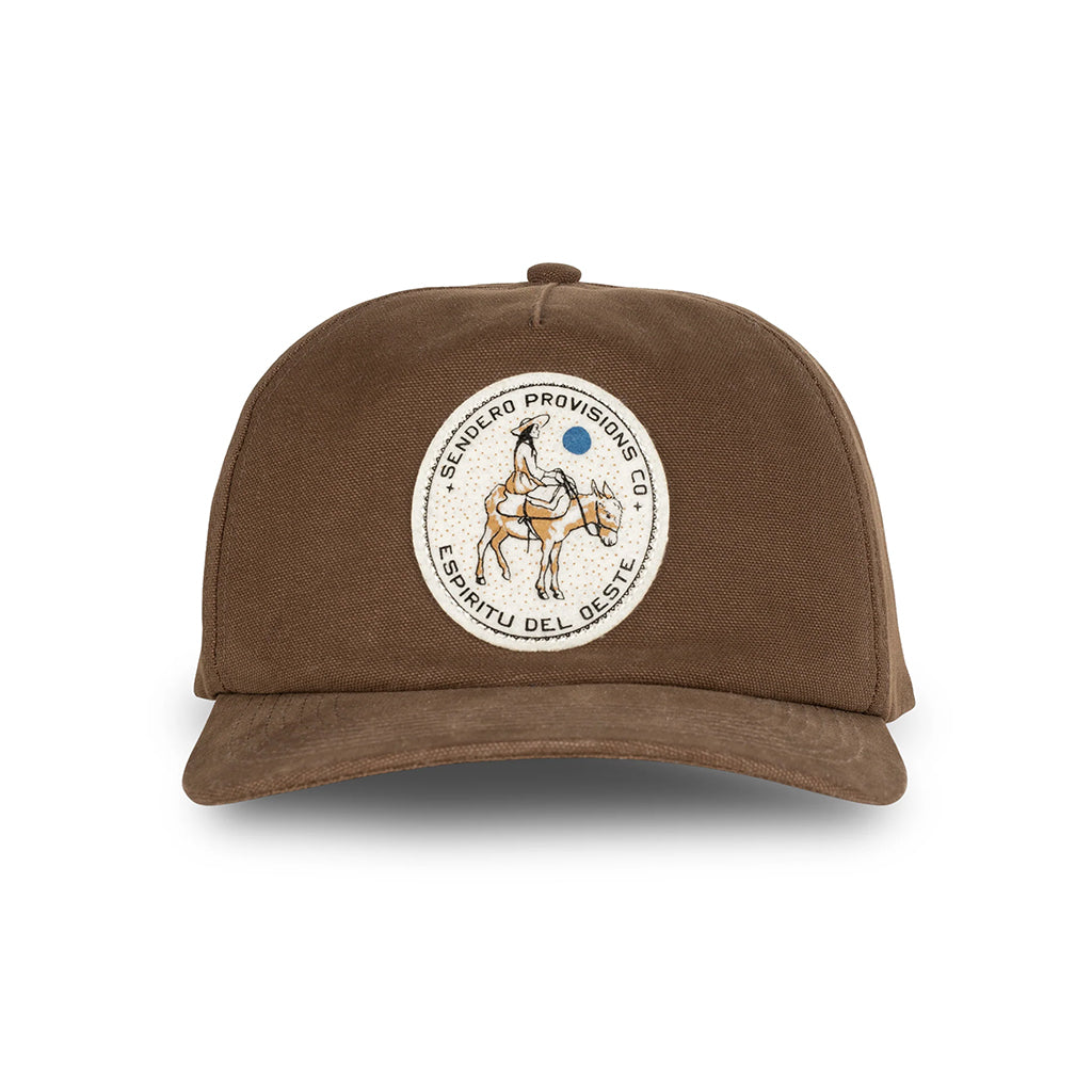 Brown cap with a circular logo featuring a horse and text on a white background