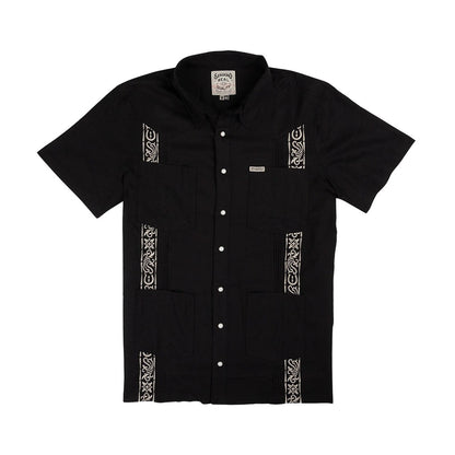 Black short-sleeve shirt with white embroidery on a white background