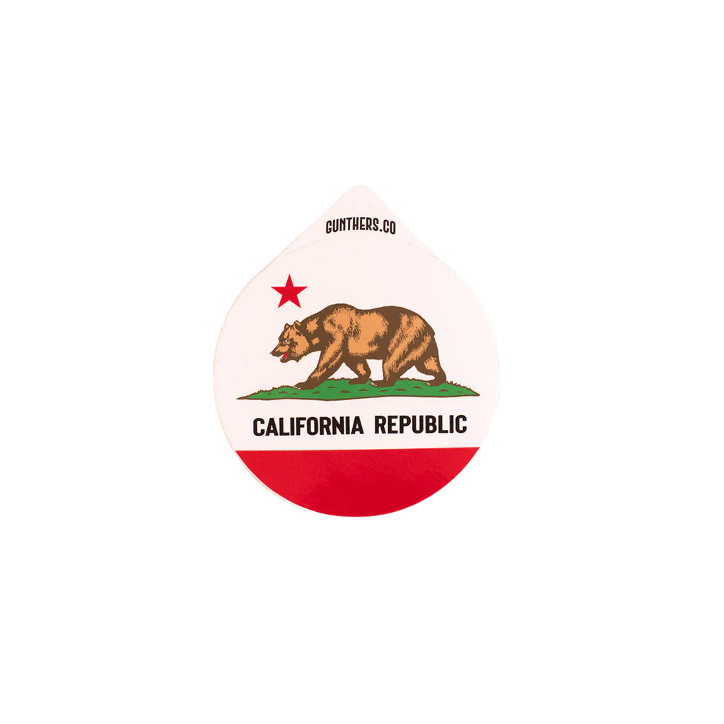 Circular sticker with California Republic design featuring a bear and red star on a white background