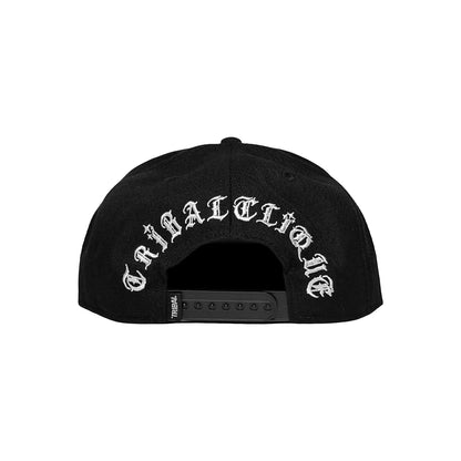 Black cap with white text on a white background