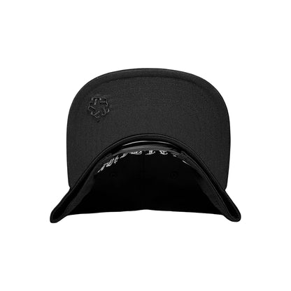 Black cap with a logo on the front panel against a white background