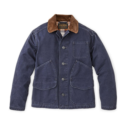Navy Canvas insulated jacket with cord collar on a white background