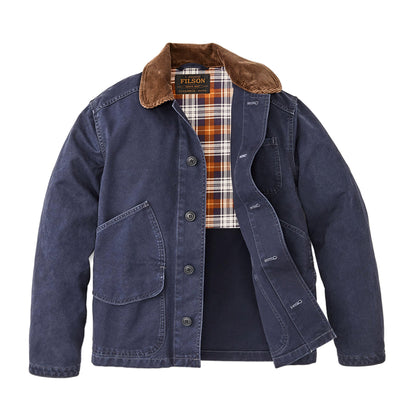 Blue jacket with plaid lining on a white background