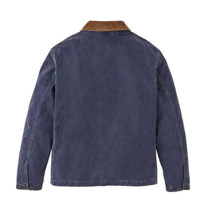 Back of a Navy Canvas insulated jacket with cord collar on a white background