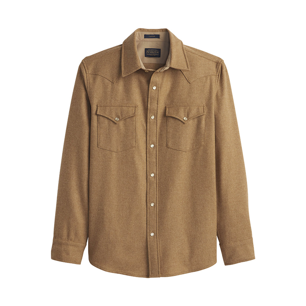 Brown shirt with button details on a white background