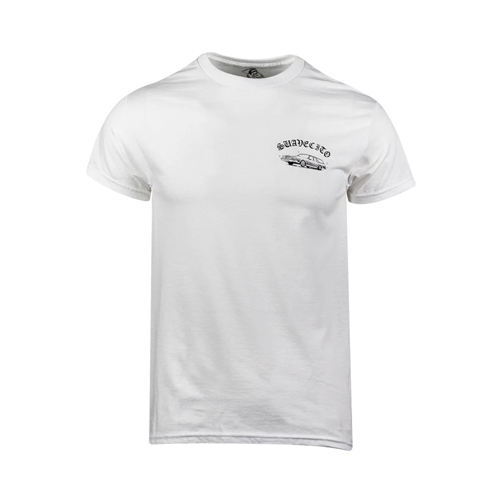 White t-shirt with a logo on a white background