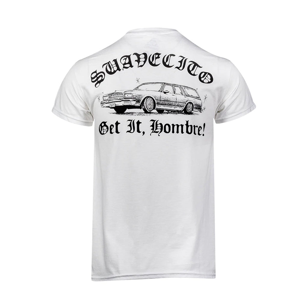 White t-shirt with black text and car graphic on a white background