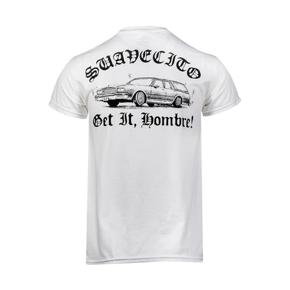 White t-shirt with black text and car graphic on a white background