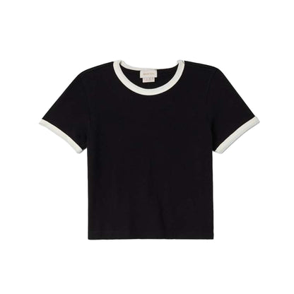 Black t-shirt with white trim on a white background