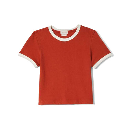 Red t-shirt with white trim on a white background