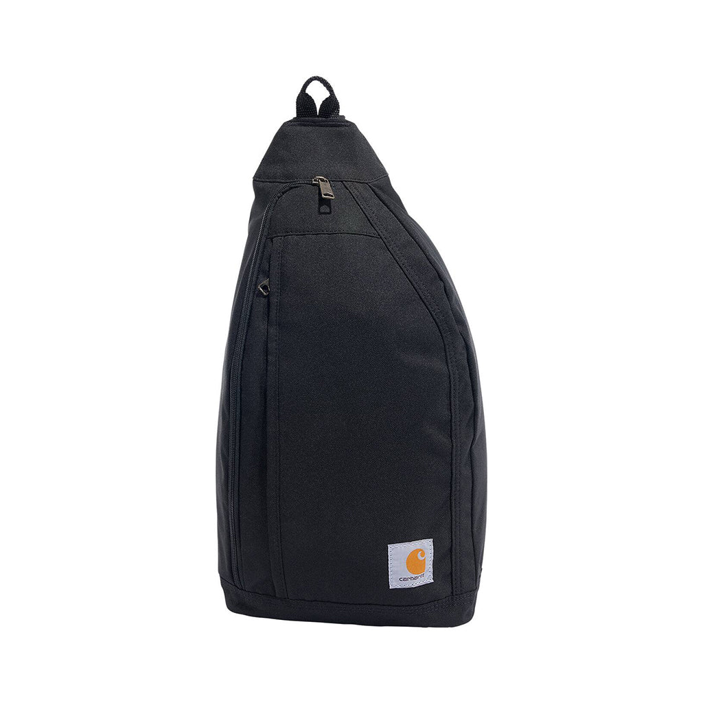 Black sling bag with a visible brand logo on a white background