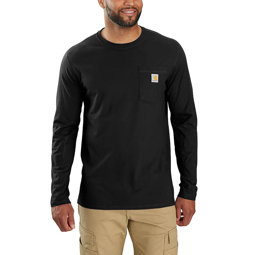 Model wearing the Force Relaxed LS T-Shirt in black on a white background