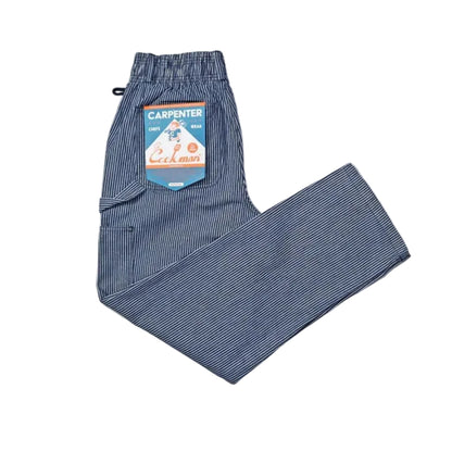 A pair of carpenter's pants in hickory navy blue with thin white stripes, shown on a white background.