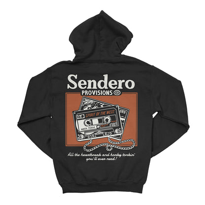 Black hoodie with Sendero Provisions graphic on the back