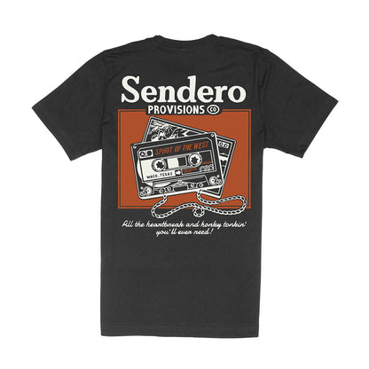 Black t-shirt with Sendero Provisions graphic on a white background