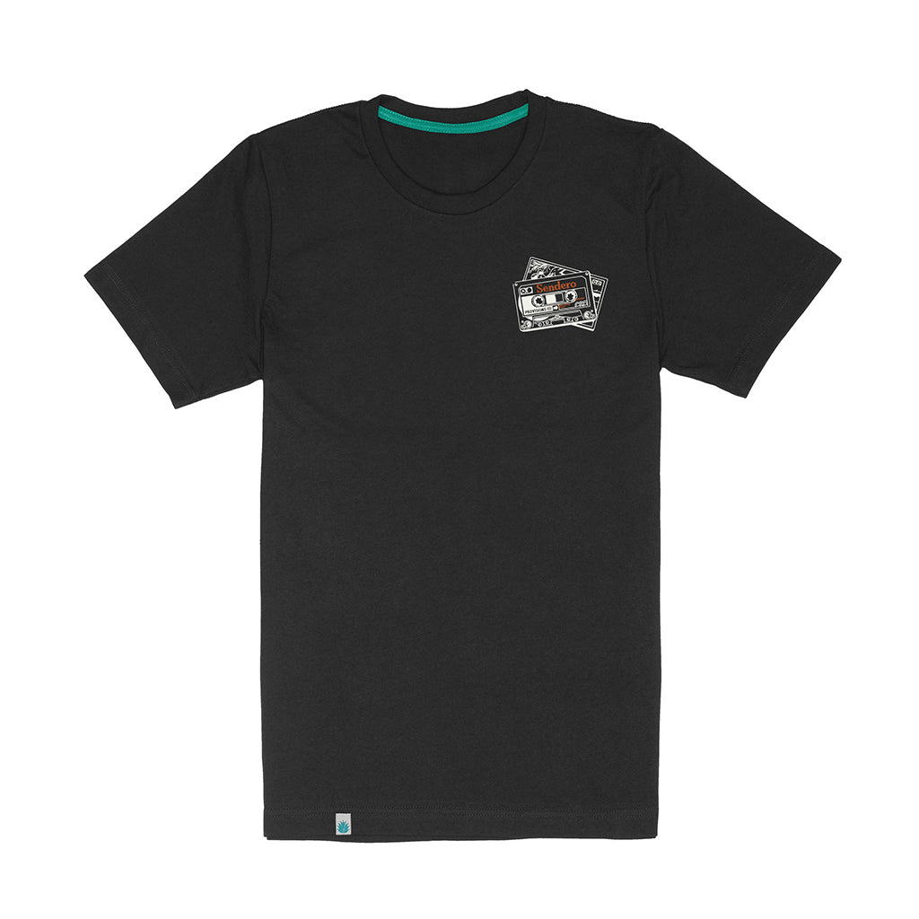 Black t-shirt with a graphic design on the chest against a white background