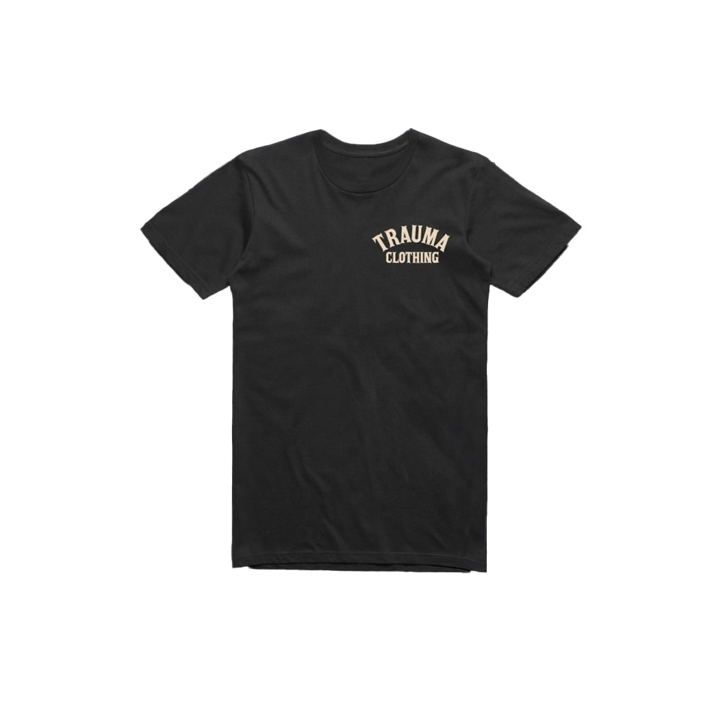 Black t-shirt with 'Trauma Clothing' text on a white background