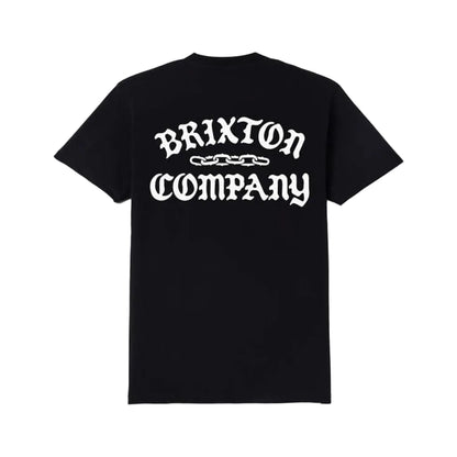 Black t-shirt with 'Brixton Company' text on a white background