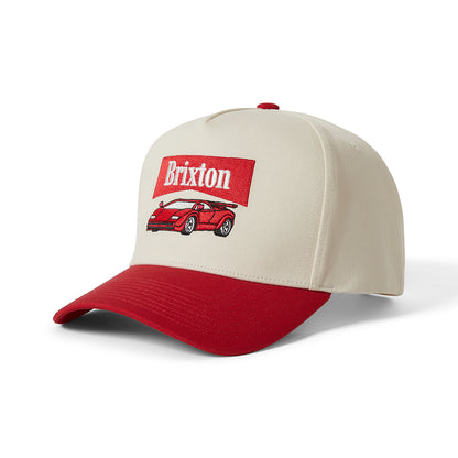 Beige and red cap with Brixton logo and car illustration on a white background